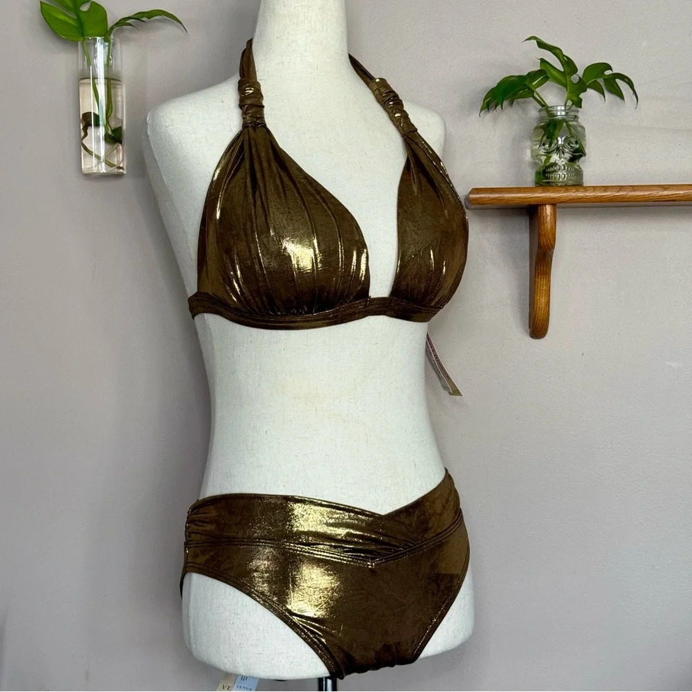 VENUS Shimmering Bronze Metallic Goddess Push-Up Halter Top and Havana Bottoms - Picture 2 of 12